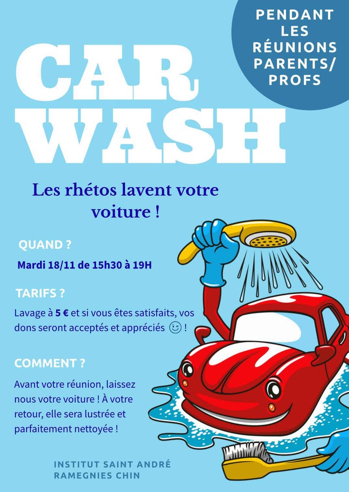 Lavage de Voitures par les Rhétos Mardi Prochain