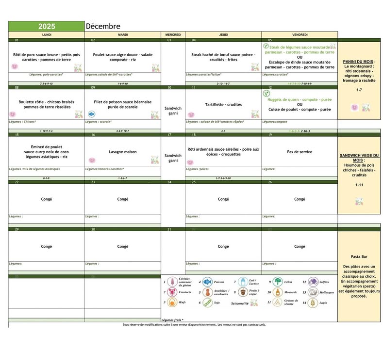 Menu de décembre pour une cantine durable