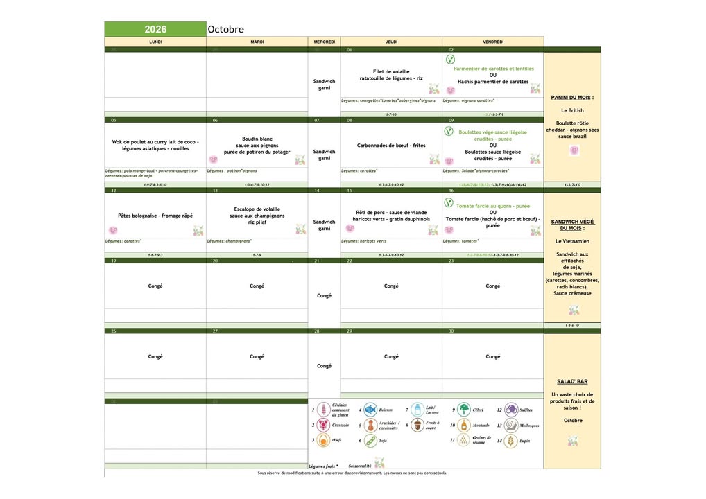 Menu scolaire d'octobre 🍃🍂